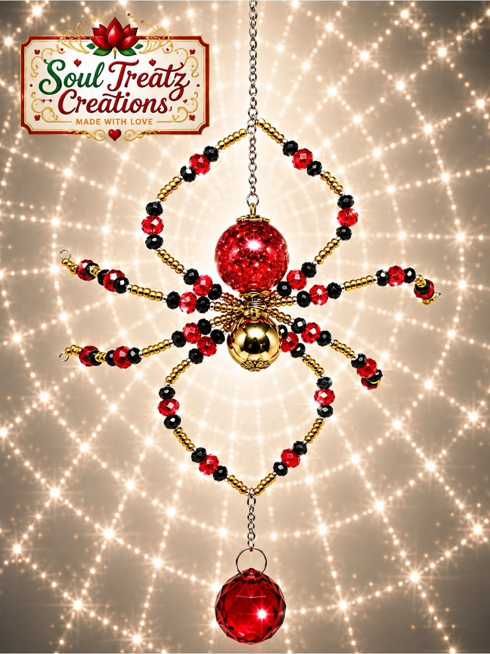 Red & Gold Crystal Beaded Spider Sun Catcher